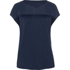 Shirt z koronką bonprix ciemnoniebieski. Niebieskie koszulki damskie bonprix, w koronkowe wzory, z elastanu, bez kołnierzyka, bez rękawów. Za 79,99 zł.