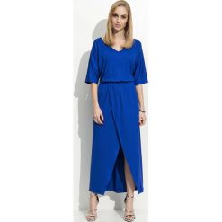 Chabrowa Maxi Sukienka z Zakładanym Dołem. Niebieskie długie sukienki marki Molly.pl, na co dzień, l, w jednolite wzory, z jersey, eleganckie, dekolt w kształcie v, dopasowane. Za 99,90 zł.