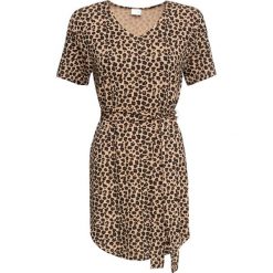 Długi shirt z wiązanym paskiem bonprix beżowy leo. Brązowe koszulki damskie bonprix, bez wzorów, bez kołnierzyka, z długim rękawem. Za 74,99 zł.