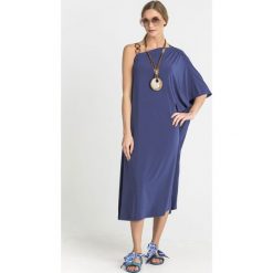 SUKIENKA EDDA Max Mara Leisure. Niebieskie sukienki damskie Max Mara Leisure, na imprezę, s, z aplikacjami, z tkaniny, bez kołnierzyka, bez rękawów, midi. Za 440,00 zł.