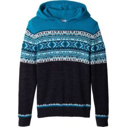 Sweter chłopięcy dzianinowy z kapturem bonprix antracytowy melanż - turkusowy. Szare swetry chłopięce bonprix, bez wzorów, z dzianiny, z kapturem. Za 64,99 zł.