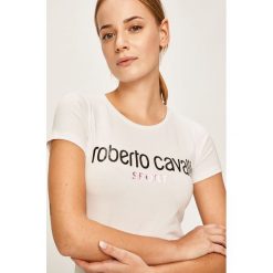 Roberto Cavalli Sport - T-shirt. Czarne topy damskie Roberto Cavalli Sport, s, z nadrukiem, z elastanu, z okrągłym kołnierzem. W wyprzedaży za 229,90 zł.