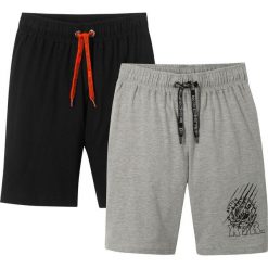 Spodenki shirtowe (2 pary) bonprix czarny + jasnoszary melanż. Czarne spodenki chłopięce bonprix, z nadrukiem. Za 39,98 zł.