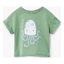 Mango Kids - Top dziecięcy Pulpi 80-104 cm. Zielone topy damskie marki Mango Kids, z nadrukiem, z bawełny, z okrągłym kołnierzem, z krótkim rękawem. W wyprzedaży za 29,90 zł.