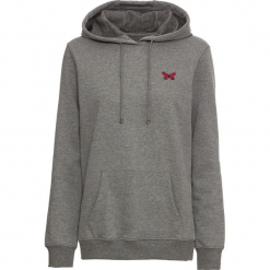Bluza z kapturem i haftem bonprix szary melanż. Szare bluzy damskie bonprix, z haftami, bez rękawów, z kapturem. Za 74,99 zł.