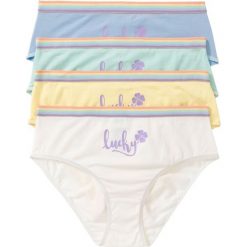 Figi "maxi" (4 pary) bonprix biel wełny + miętowy + jasnożółty + pudrowy niebieski z nadrukiem. Białe majtki damskie marki bonprix, w paski, z wełny. Za 39,96 zł.