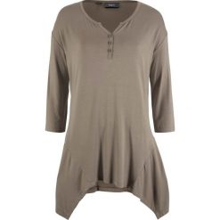 Shirt z dłuższymi bokami i kołnierzykiem "henley" bonprix jasnooliwkowy. Zielone koszulki damskie bonprix, bez wzorów, bez kołnierzyka, bez rękawów. Za 27,99 zł.
