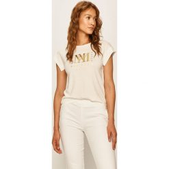 Morgan - T-shirt. Białe bluzki damskie Morgan, s, z aplikacjami, z bawełny, casualowe, z okrągłym kołnierzem. W wyprzedaży za 119,90 zł.