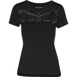 Shirt z ażurową koronką bonprix czarny. Czarne bluzki damskie bonprix, w koronkowe wzory, z koronki, bez kołnierzyka. Za 89,99 zł.