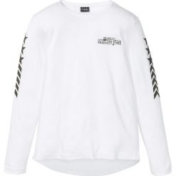 Shirt z długim rękawem bonprix biały. Białe koszulki męskie bonprix, s, z nadrukiem, bez kołnierzyka, z długim rękawem, długie. Za 54,99 zł.