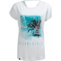 T-shirt damski TSD019 - biały - Outhorn. Białe koszulki damskie Outhorn, z nadrukiem, z bawełny, z dekoltem na plecach, bez rękawów. W wyprzedaży za 29,99 zł.