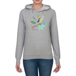 Bluza damska. Kwiaty i ptaki. Szare bluzy damskie Pakamera, z nadrukiem, bez rękawów, z kapturem. Za 119,00 zł.