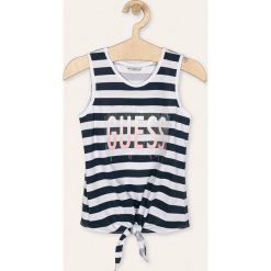 Guess Jeans - Top dziecięcy 118-175 cm. Niebieskie bluzki dziewczęce Guess Jeans, z aplikacjami, z bawełny, z okrągłym kołnierzem, bez rękawów, bez kaptura. W wyprzedaży za 89,90 zł.