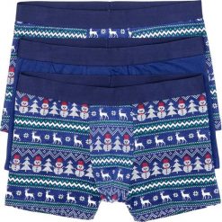 Bokserki z bożonarodzeniowym motywem (3 pary) bonprix niebiesko-biały z nadrukiem. Niebieskie bokserki męskie bonprix, w paski. Za 21,99 zł.