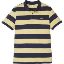Shirt polo z małym haftem, krótki rękaw bonprix żółto-ciemnoniebieski w paski. Żółte koszulki męskie bonprix, s, w paski, z krótkim rękawem. Za 49,99 zł.