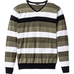 Swetry klasyczne męskie: Sweter „Slim fit” bonprix oliwkowo-biało-czarny w paski