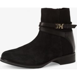 Tommy Hilfiger - Skórzane botki damskie, czarny. Czarne botki damskie TOMMY HILFIGER, ze skóry, bez obcasa, bez zapięcia. Za 699,95 zł.