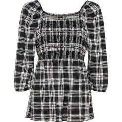 Shirt wzorzysty z dekoltem karo bonprix czarno-biel wełny w kratę. Czarne bluzki damskie bonprix, bez wzorów, z wełny, z dekoltem karo, bez rękawów. Za 99,99 zł.