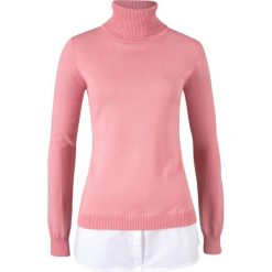 Sweter z golfem i wstawką z tkaniny bonprix kremowy jasnoróżowy. Różowe swetry damskie bonprix, bez wzorów, z tkaniny, bez rękawów, bez kaptura. Za 27,99 zł.