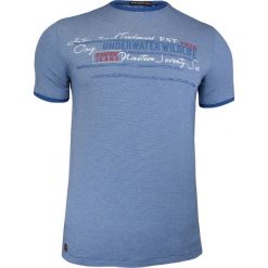 Niebieska Męska Koszulka (T-shirt ) z Nadrukiem, Krótki Rękaw, w Drobne Prążki, Paski TSADG0003blue. Niebieskie paski męskie m, w paski, z tkaniny, krótkie. Za 89,00 zł.