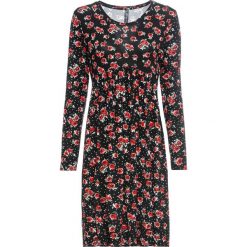 Sukienka shirtowa: MUST HAVE bonprix czarno-truskawkowy w kwiaty. Czarne sukienki damskie bonprix, z nadrukiem, bez kołnierzyka, bez rękawów. Za 42,99 zł.
