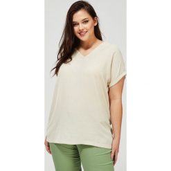 Bluzka koszulowa oversize. Pomarańczowe bluzki damskie Moodo, bez wzorów, z wiskozy, z koszulowym kołnierzykiem, z krótkim rękawem. Za 59,99 zł.