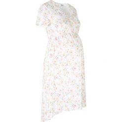 Sukienka shirtowa ciążowa w kwiaty bonprix biały z nadrukiem. Białe sukienki damskie bonprix, z nadrukiem, z wiskozy, z dekoltem w serek, moda ciążowa, bez rękawów, midi. Za 44,99 zł.