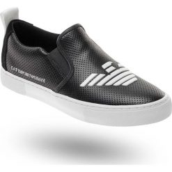 TRAMPKI EA7 Emporio Armani. Czarne trampki i tenisówki damskie EA7 Emporio Armani, z nadrukiem, ze skóry, bez zapięcia. Za 359,40 zł.