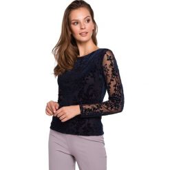 Bluzka dopasowana koronkowa - granatowa. Bluzki damskie Moe, s, w koronkowe wzory, z elastanu, eleganckie, bez kołnierzyka, bez rękawów. Za 199,00 zł.