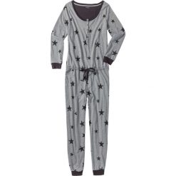 Kombinezon z dzianiny shirtowej bonprix szary melanż - antracytowy z nadrukiem. Szare kombinezony damskie bonprix, z nadrukiem, z dzianiny, bez kołnierzyka, bez rękawów. Za 89,99 zł.