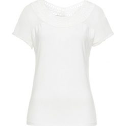 Shirt z koronką bonprix biel wełny. Białe koszulki damskie bonprix, w koronkowe wzory, z wełny, bez kołnierzyka, bez rękawów. Za 79,99 zł.