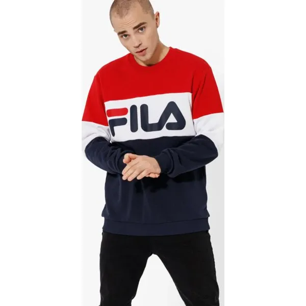 Fila Bluza Straight Blocked Crew Sweat , granatowy, rozmiar S. Niebieskie bluzy męskie Fila, s, z aplikacjami, z bawełny, bez kołnierzyka, bez rękawów, bez kaptura. Za 299,99 zł.