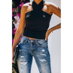 Top DIONZA BLACK. Czarne bluzki damskie IVET, bez wzorów, z jeansu, bez kołnierzyka. W wyprzedaży za 59,00 zł.