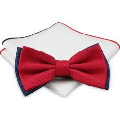 Mucha z poszetką - Chattier, Męska - Czerwona, Delikatna Faktura MUCH0376. Czerwone muszki męskie Chattier, na imprezę, w paski, eleganckie. Za 44,00 zł.