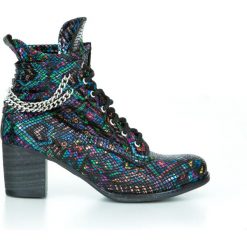 Sznurowane botki na obcasie - skóra naturalna - model 451 - motyw aztecki. Pomarańczowe botki damskie Zapato, na zimę, ze skóry, eleganckie, za kostkę, na wysokim obcasie, na obcasie, na sznurówki. Za 399,00 zł.