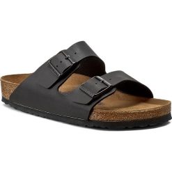 Klapki BIRKENSTOCK - Arizona 551251 Schwarz. Czarne klapki damskie Birkenstock, bez wzorów, ze skóry ekologicznej, bez obcasa. W wyprzedaży za 249,00 zł.