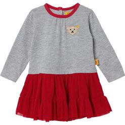 Sukienka w kolorze szaro-czerwonym. Szare sukienki niemowlęce Steiff, z aplikacjami, bez rękawów, mini, rozkloszowane. W wyprzedaży za 68,95 zł.