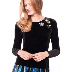 Welurowa bluzka ze zdobieniami L'AF GARANNA. Czarne bluzki damskie L’AF, l, z aplikacjami, ze skóry, eleganckie, bez kołnierzyka, bez rękawów. W wyprzedaży za 167,00 zł.