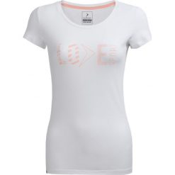 T-shirt damski TSD604 - biały - Outhorn. Białe koszulki damskie Outhorn, z nadrukiem, z bawełny, bez kołnierzyka, bez rękawów. W wyprzedaży za 19,99 zł.