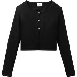 Sweter rozpinany bonprix czarny. Czarne swetry dziewczęce bonprix, bez wzorów, bez kołnierzyka, bez rękawów, bez kaptura. Za 49,99 zł.