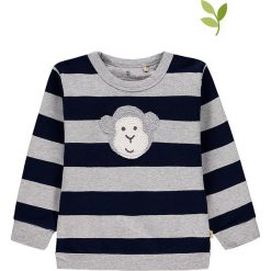 Bluza w kolorze szaro-granatowym. Szare bluzy niemowlęce Mother Nature & Me, w paski, z bawełny, bez rękawów, bez kaptura. W wyprzedaży za 72,95 zł.