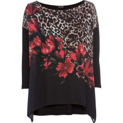Shirt z szyfonową wstawką bonprix czarny w cętki leoparda. Czarne koszulki damskie bonprix, z nadrukiem, z szyfonu, z okrągłym kołnierzem. Za 59,99 zł.