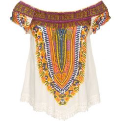 Bluzka "carmen" bonprix biel wełny etno. Białe koszulki damskie bonprix, z nadrukiem, z wełny, etno, bez kołnierzyka, bez rękawów. Za 89,99 zł.