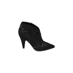 Modne botki damskie Star Collection typu kowbojki. Czarne botki damskie z materiału, retro, bez obcasa, na obcasie, na zamek. Za 69,00 zł.