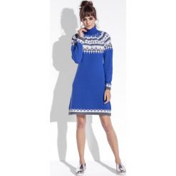Sukienka swetrowa z norweskim wzorem - chabrowy, l/xl. Niebieskie sukienki dziewczęce e-margeritka.pl, na zimę, bez wzorów, z tkaniny, eleganckie, bez rękawów, proste. Za 95,99 zł.