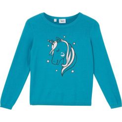 Sweter dziewczęcy dzianinowy z bawełny, z motywem jednorożca bonprix ciemnoturkusowy. Niebieskie swetry dziewczęce bonprix, z aplikacjami, z bawełny, z okrągłym kołnierzem, bez rękawów, długie, bez kaptura. Za 59,99 zł.