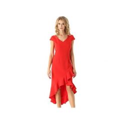 Sukienka z dłuższym tyłem Naomi czerwona ED026-1. Czerwone sukienki damskie marki Ella dora, l, bez wzorów, eleganckie, z okrągłym kołnierzem, z krótkim rękawem, krótkie, mini. Za 299,00 zł.