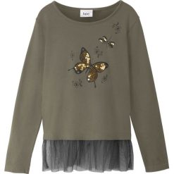 Shirt z długim rękawem bonprix ciemnooliwkowo-czarny. Zielone bluzki dziewczęce bonprix, z aplikacjami, z tiulu, z okrągłym kołnierzem, z długim rękawem, długie, bez kaptura. Za 44,99 zł.