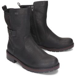 RIEKER Y9174-00 black, botki damskie. Czarne botki damskie Rieker, na zimę, bez obcasa, na zamek. Za 319,90 zł.
