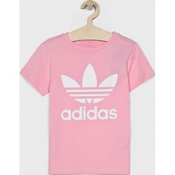 Adidas Originals - Top dziecięcy 128-164 cm. Różowe bluzki dziewczęce adidas Originals, z nadrukiem, z bawełny, z okrągłym kołnierzem, z krótkim rękawem, krótkie, bez kaptura. Za 99,90 zł.